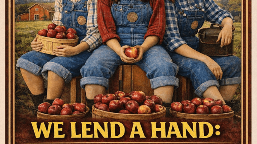 Promotional poster for “We Lend a Hand: The Forgotten Story of the Ontario Farmerettes,” featuring three women in vintage farm attire sitting with baskets of apples, with event details for April 19, 2026, at Ye Olde Towne Hall in Ailsa Craig, Ontario.