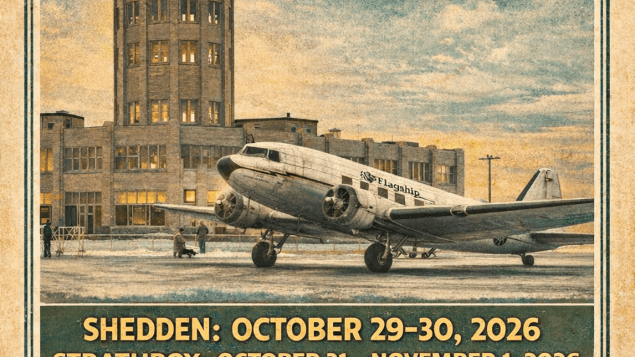 Vintage-style poster for “Lawrence Station: The Flagship Erie’s Final Flight,” featuring a historic airplane and airport terminal, with show dates in Shedden and Strathroy and ticket info at OnStageLive.ca.