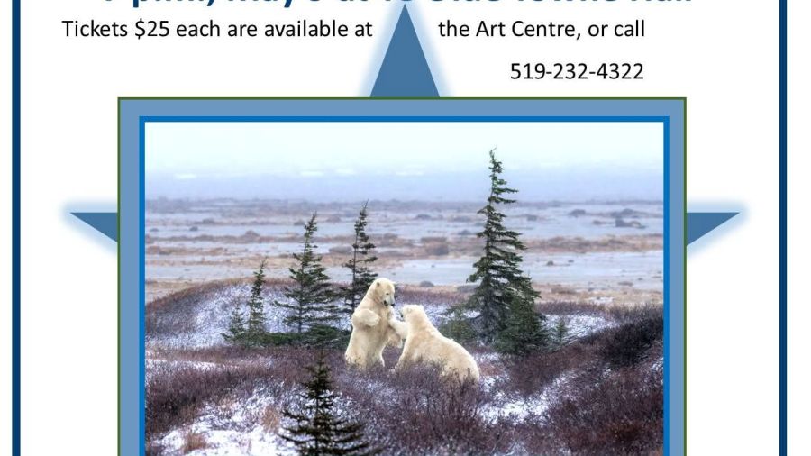 Poster promoting “Arctic Frontiers: Life at the Edge of a Changing World,” a ticketed speaking event with Shaun Antle on May 9 at Ye Olde Towne Hall, featuring an image of two polar bears in an Arctic landscape.