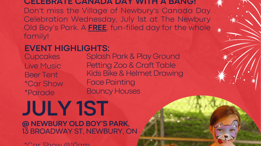 Red Canada Day event poster for Newbury featuring fireworks, event highlights and children with face paint.
