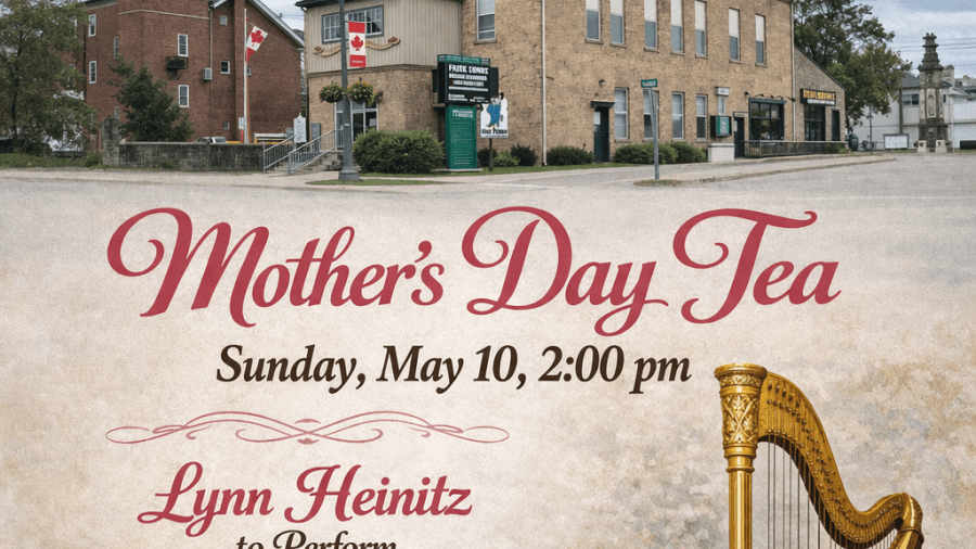 Promotional poster for a Mother’s Day Tea event at Ye Olde Towne Hall featuring a historic building, tea set illustration, harp, and event details including date May 10, 2026, live harp music by Lynn Heinitz, and ticket information.