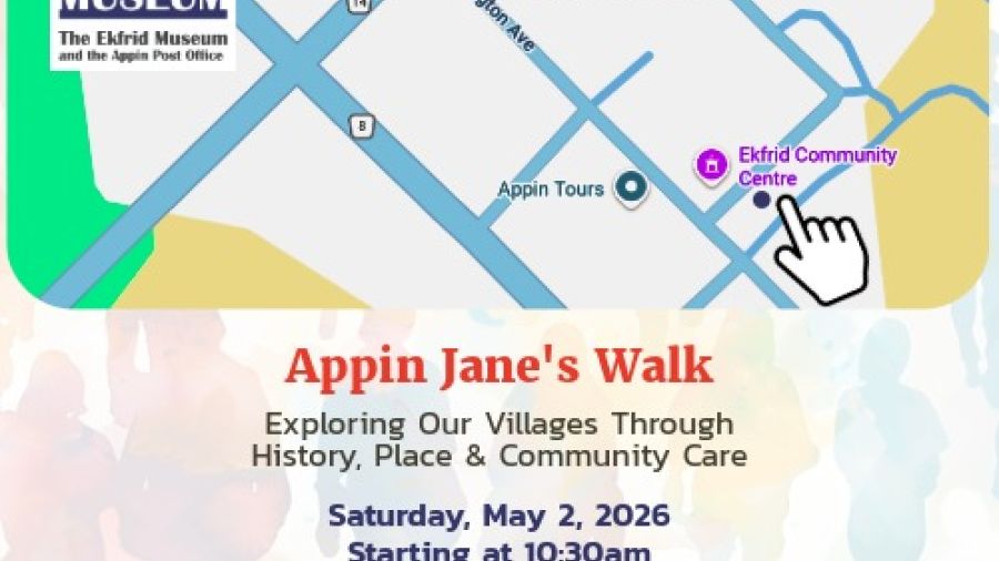 Event poster for “Appin Jane’s Walk” featuring a map highlighting Ekfrid Museum and the Ekfrid Community Centre, with event details including Saturday, May 2, 2026 at 10:30 AM and the starting point at Ekfrid Museum and Post Office in Appin, Ontario.