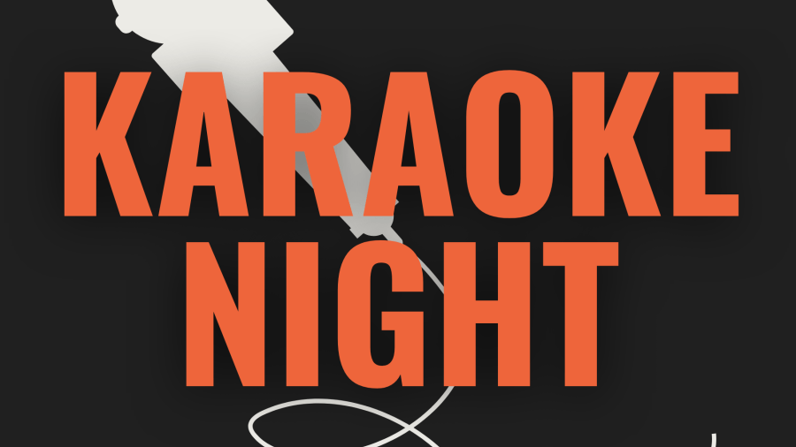 Black event poster with large orange text reading “Karaoke Night” and a microphone graphic in the background.
