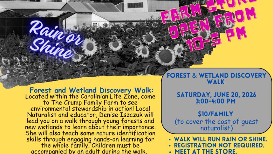 Promotional poster for The Crump Family Farm’s Forest and Wetland Discovery Walk on Saturday, June 20, 2026, featuring a sunflower field and farm store event details.