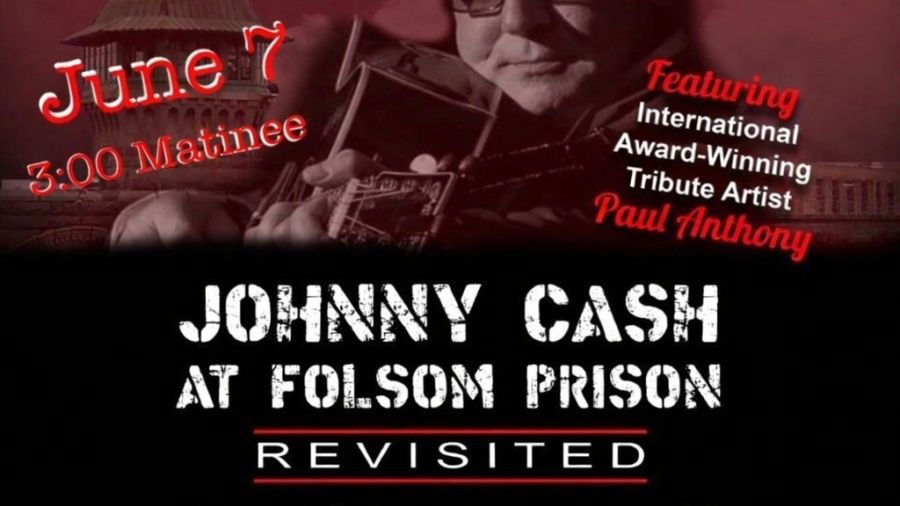 Promotional poster for a Johnny Cash tribute show titled “Cash: Johnny Cash at Folsom Prison Revisited,” featuring a performer playing guitar, with event details for June 7 at Ye Olde Towne Hall in Ailsa Craig, Ontario.