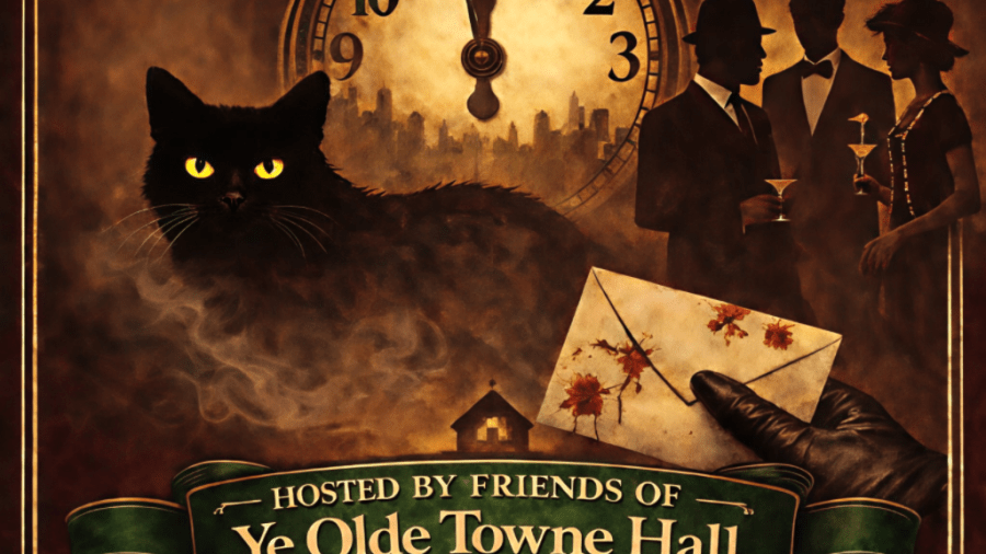 Promotional poster for “The Cat Screamed at Midnight,” a 1930s-themed murder mystery dinner theatre at Ye Olde Towne Hall, featuring a black cat, vintage clock, silhouetted figures, and event details for May 23 at 160 Main Street in Ailsa Craig, Ontario.