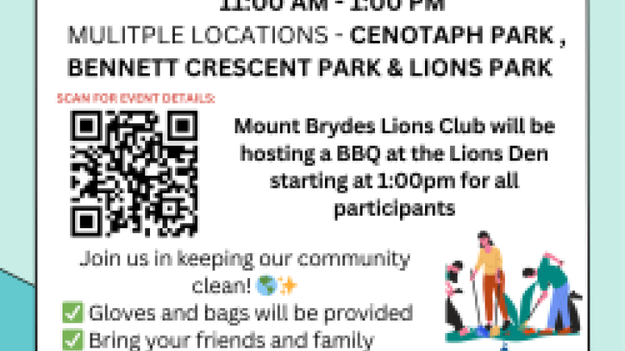 Event poster for the Mount Brydges Community Clean-Up on Saturday, April 25, 2026, from 11:00 AM to 1:00 PM (rain date April 26), taking place at multiple locations including Cenotaph Park, Bennett Crescent Park, and Lions Park. The poster includes a QR code for details, notes that gloves and bags will be provided, and mentions a BBQ hosted by the Mount Brydges Lions Club at 1:00 PM for participants.