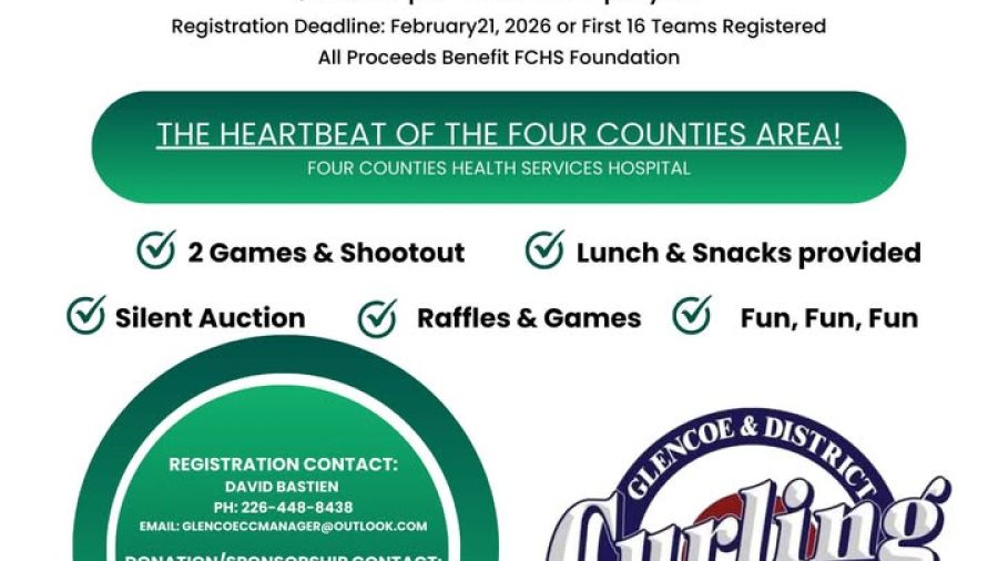 Promotional banner for the 28th Annual Charity Bonspiel at the Glencoe & District Curling Club, featuring event details including date, registration fee, charity beneficiary, and highlights such as games, shootout, and provided lunch and snacks.