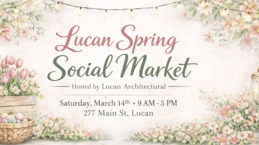 Promotional banner for the Lucan Spring Social Market featuring pastel floral illustrations, spring decorations, and event details including date, time, and location at 277 Main Street in Lucan.