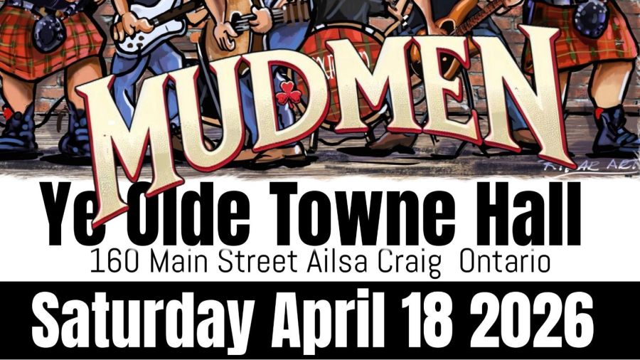 Promotional poster for a Mudmen concert at Ye Olde Towne Hall featuring illustrated band members with instruments, event details including date April 18, 2026, location in Ailsa Craig, Ontario, ticket pricing, and show time.