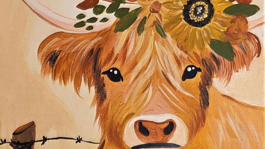 Close-up painting of a Highland cow with long golden-brown fur, decorated with flowers and greenery on its head, in a rustic farm-style art illustration.