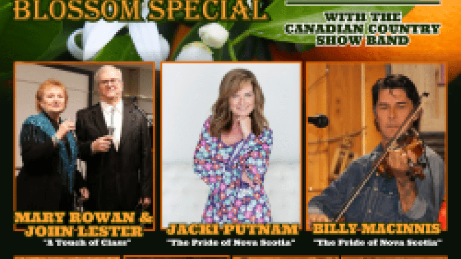 Promotional poster for the Canadian Country Opry Show “Orange Blossom Special” at Purple Hill Country Opry on Sunday, May 3, 2026, featuring ticket pricing, dinner options, and performer photos including Mary Rowan & John Lester, Jacki Putnam, Billy MacInnis, Tiffany Ewster, Leo Stock, John P. Allen, and Wayne Ferguson.