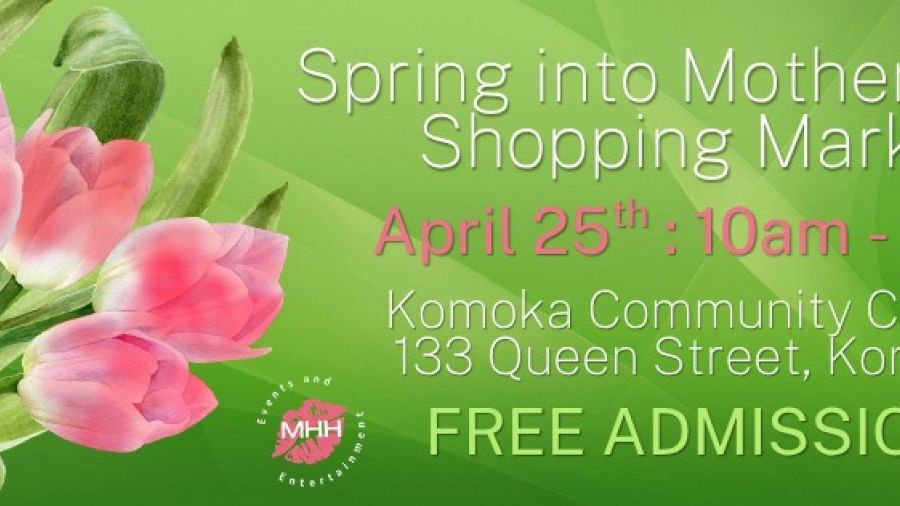 Promotional banner for the Spring into Mother’s Day Shopping Market featuring pink tulips and event details including date, time, and location at Komoka Community Centre with free admission.