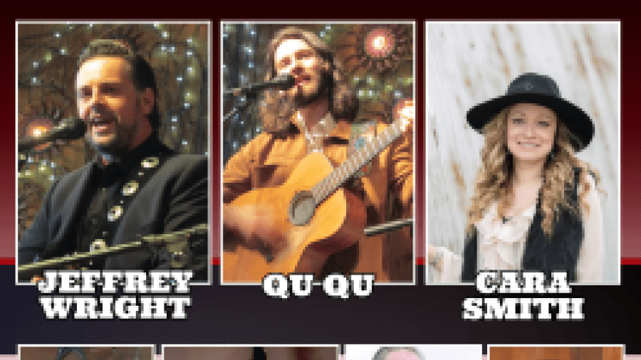 Promotional poster for the Canadian Country Opry Show at Purple Hill Country Opry featuring event details for April 12, 2026, ticket pricing, dinner options, and photos of performing artists including Jeffrey Wright, Qu-Qu, Cara Smith, Anita Parise, The MacGregor Two, Gerald Davidson, and Andy Gumper Young.