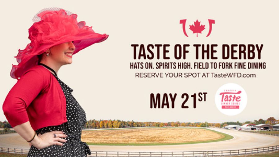 Promotional banner featuring a woman in a bright red hat and matching outfit standing beside a racetrack. Text reads “Taste of the Derby” with the tagline “Hats on. Spirits high. Field to fork fine dining,” and invites guests to reserve a spot at TasteWFD.com for an event on May 21st.