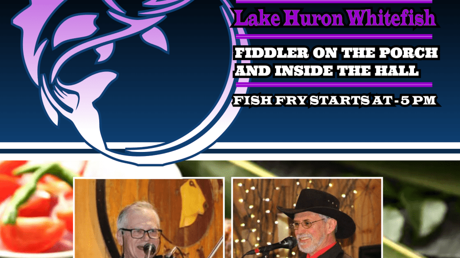 Promotional poster for the Purple Hill Fish Fry at Purple Hill Country Opry featuring event details for Saturday, April 25 in Thorndale, Ontario, highlighting Lake Huron whitefish dinner, live fiddle music, and performances by John P. Allen and Guy Melanson.