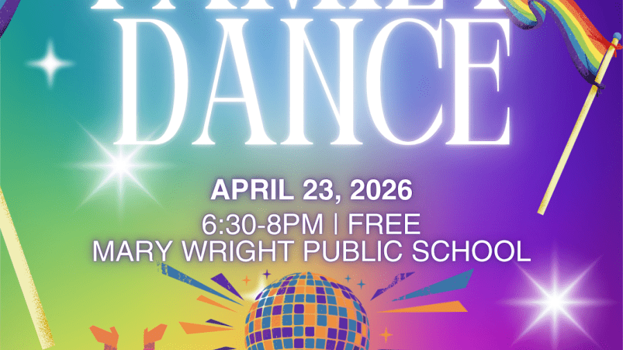 Promotional poster for “Strathroy Pride’s Family Dance” featuring a rainbow-themed design with dancing figures and a disco ball, highlighting the event on April 23, 2026, from 6:30 PM to 8:00 PM at Mary Wright Public School, with free admission.