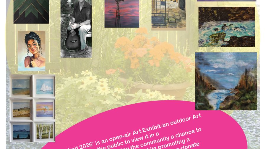 Poster for Art in the Yard, an outdoor art exhibit in Strathroy featuring local artwork, live music and interactive painting.