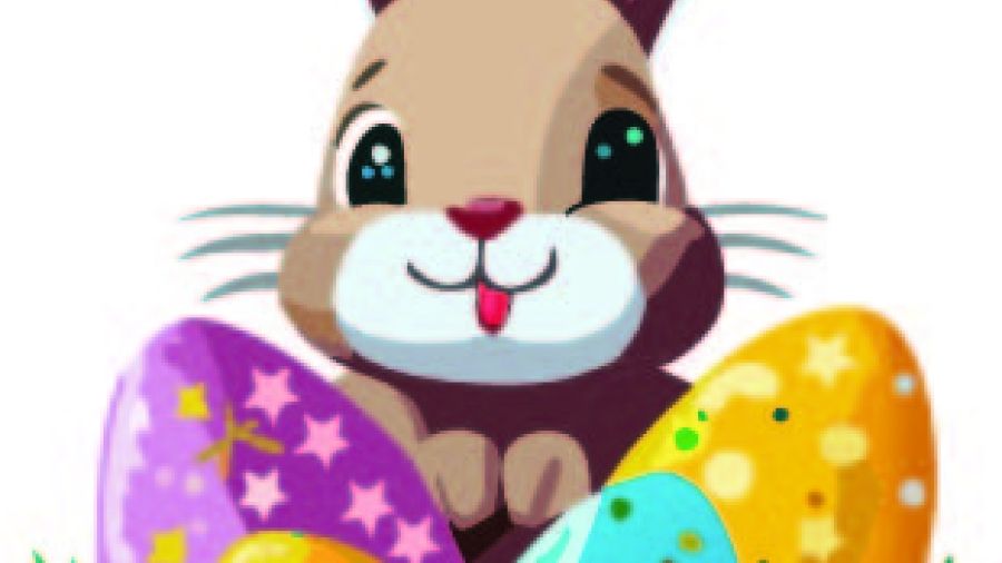 Cartoon depiction of the Easter Bunny in front of a basket of Easter eggs.