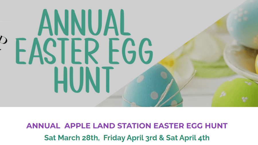 Website banner for Apple Land Station’s Annual Easter Egg Hunt featuring colorful Easter eggs and event details with multiple dates for the egg hunt.