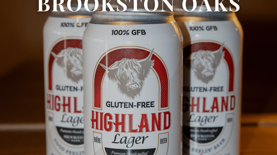 Promotional image for Brookston Oaks’ Meet The Maker event, featuring cans of 100% gluten-free Highland Lager beer.