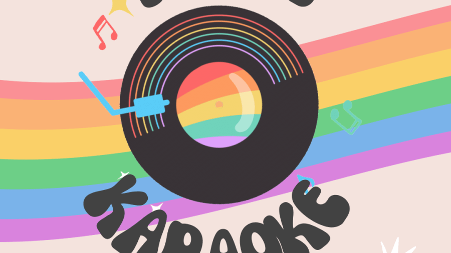 Promotional poster for a Pride Karaoke Night featuring a vinyl record with rainbow colors, musical icons, and event details including April 11 from 7–11 PM at 9 Front Street West in Strathroy.