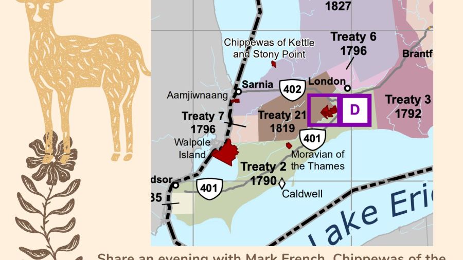 Promotional poster for a “Treaty Relationships” educational talk hosted by the Glencoe & District Historical Society, featuring a regional treaty map and event details for March 18, 2026, at The Archives in Glencoe, Ontario.
