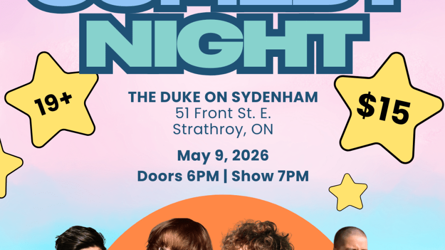 Colorful poster for “Queer Comedy Night” featuring bold pastel text and star graphics. Event details include The Duke on Sydenham in Strathroy, Ontario, on May 9, 2026, with doors at 6 PM and show at 7 PM. The poster notes 19+ admission and $15 tickets, and features photos of four comedians along the bottom.
