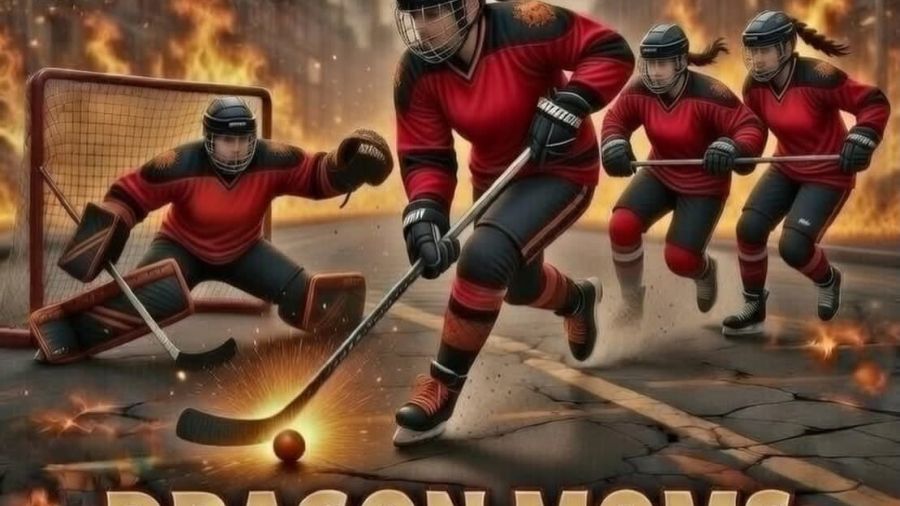 Promotional poster for the Road Hockey Rumble “Dragon Moms” Ball Hockey Tournament featuring players in red uniforms competing in a dramatic street hockey scene, with event dates July 18–19, 2026, and registration details.
