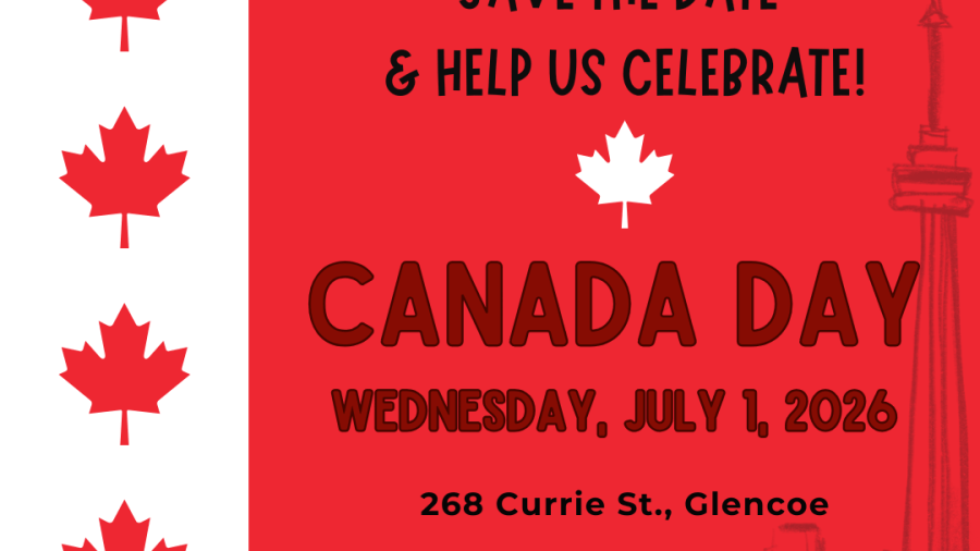 Promotional poster for a Canada Day celebration in Glencoe featuring red maple leaf graphics, event date July 1, 2026, location at 268 Currie Street, and activities including live entertainment, fireworks, food trucks, games, and family-friendly fun.