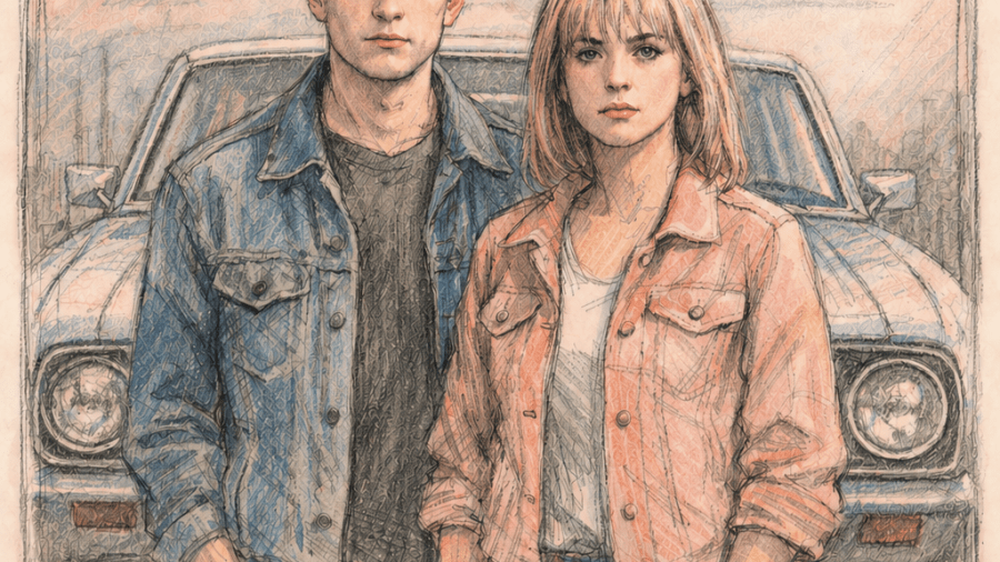Vintage-style poster for “Red Comet” by Len Cuthbert, featuring two young people standing in front of a car. Shows at The Bell Tower Community Space in Mount Brydges on August 8 at 4:00 pm and 7:00 pm, with ticket price listed.
