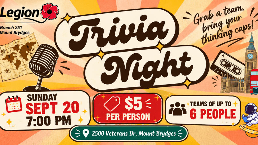 Trivia Night at Legion Branch 251 on September 20 at 7:00 p.m. Admission is $5 per person, with teams of up to six.
