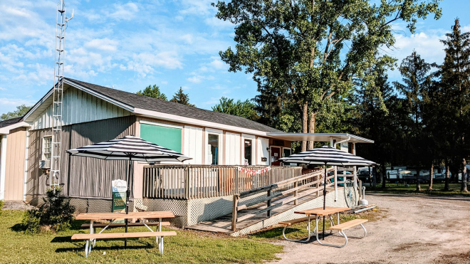 Cabin and bench outside