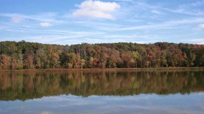 Lake Whittaker with fall trees on the horion