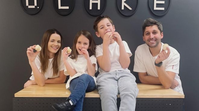 Mykola and Iryna Bilovol, with their two kids in the bakery.