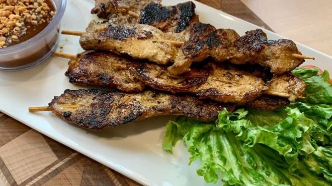 Satay Chicken: Javanese style marinated grilled chicken on a skewer.