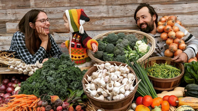 Family with a variety of produce 