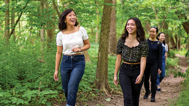 Group of people hiking through the trails 