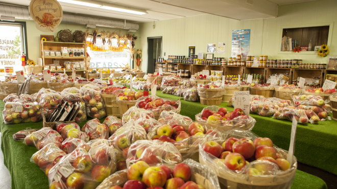 Baskets of apples and local products 