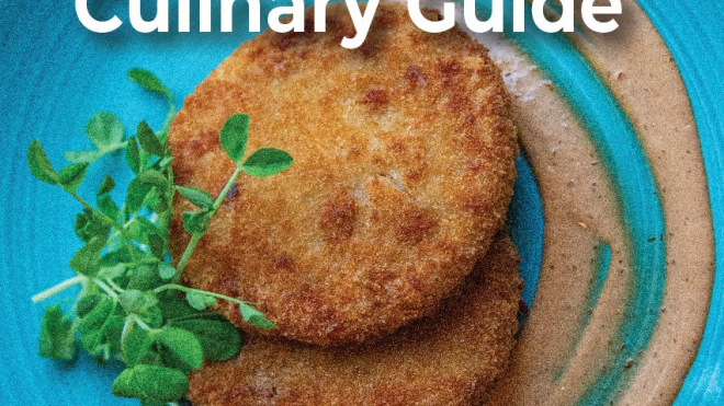 Culinary Guide cover page with photo of crab cakes 
