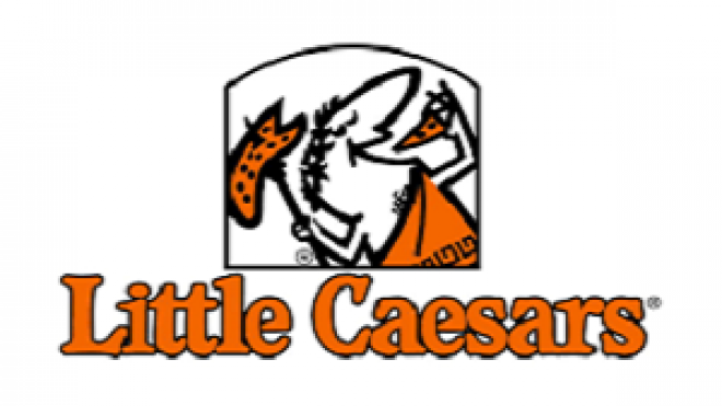 little ceasar logo of cartoon man eating a slice of pizza