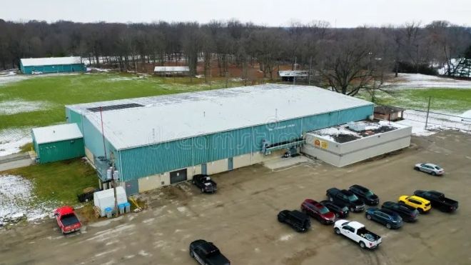 aerial photo of the Tri-Township arena showing the parking lot