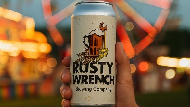 An artsy shot of a Rusty Wrench beer, held in front of a blurred ferris wheel