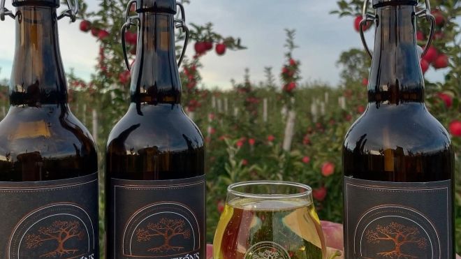 Bottles and a glass of Generation's farm cider, in front of apple trees