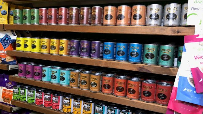 Pet food on shelves