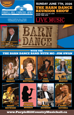 Promotional poster for The Barn Dance Reunion Show at Purple Hill Country Opry on Sunday, June 7, 2026, featuring event details, live music, MC Jim Swan, and performers including Larry Mercey, Marie Bottrell, Paul Weber, Naomi Bristow, Grant Heywood, Sharon (Strong) Murray, Gerald Davidson, and Randy Satchell.