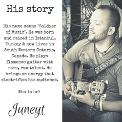 Graphic introducing musician Juneyt, with descriptive text about his background and a photo of him playing flamenco guitar
