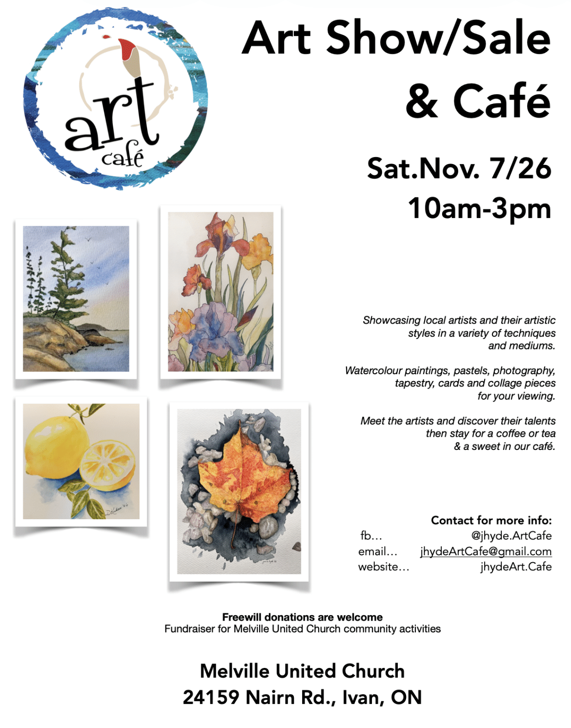 Local art show and café on November 7, 2026, at Melville United Church in Ivan.