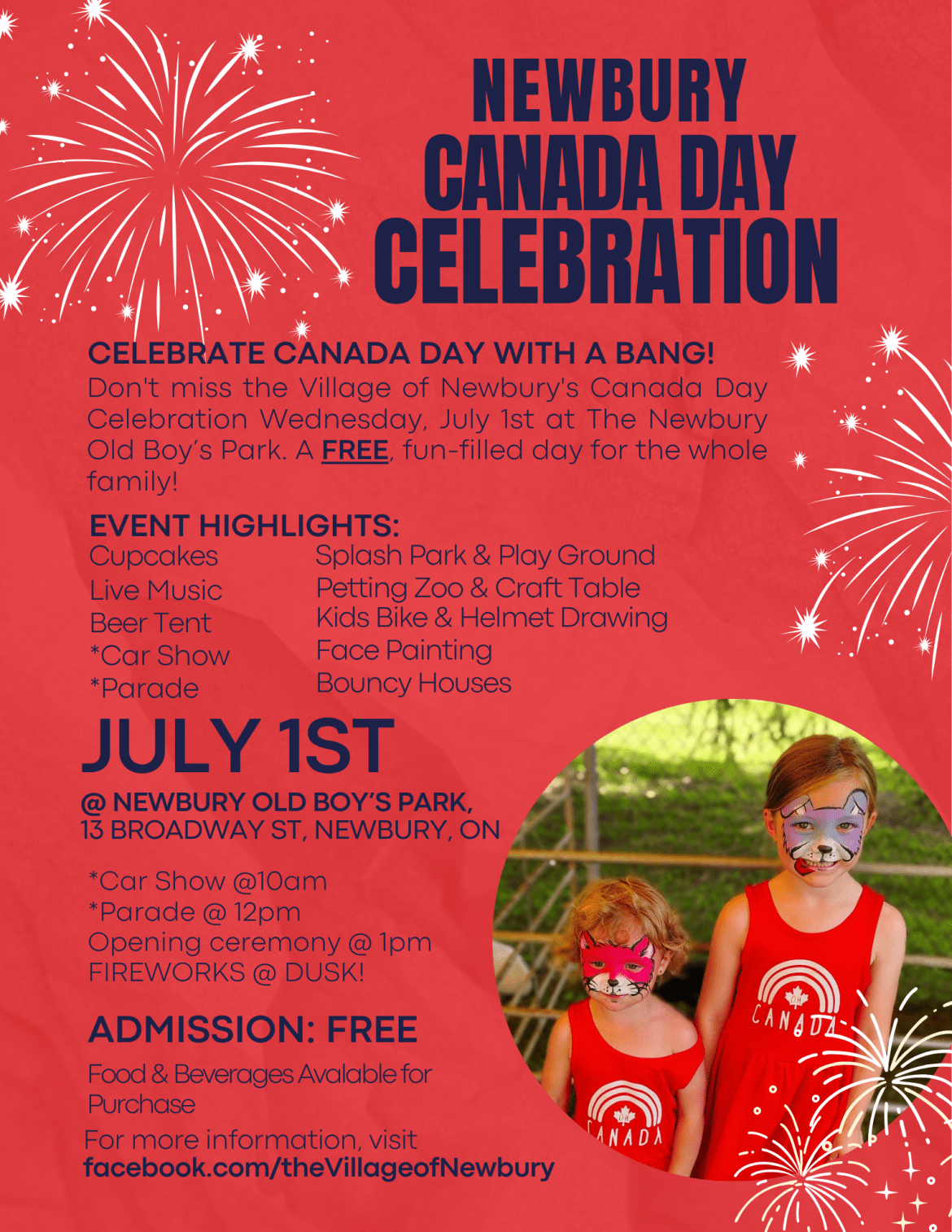 Red Canada Day event poster for Newbury featuring fireworks, event highlights and children with face paint.