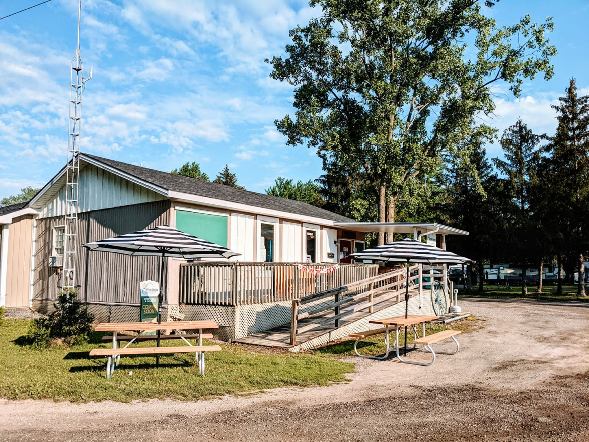 Cabin and bench outside